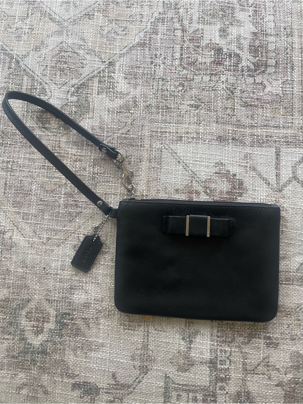 Coach Black Saffiano Leather Wristlet with Bow Accent
